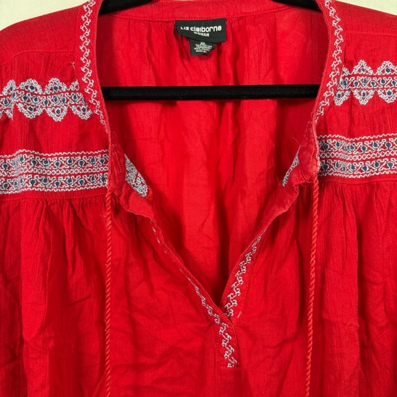 Liz Claiborne Red Tie Front Blouse with Embroidery Women’s Size 2X - Picture 4 of 6